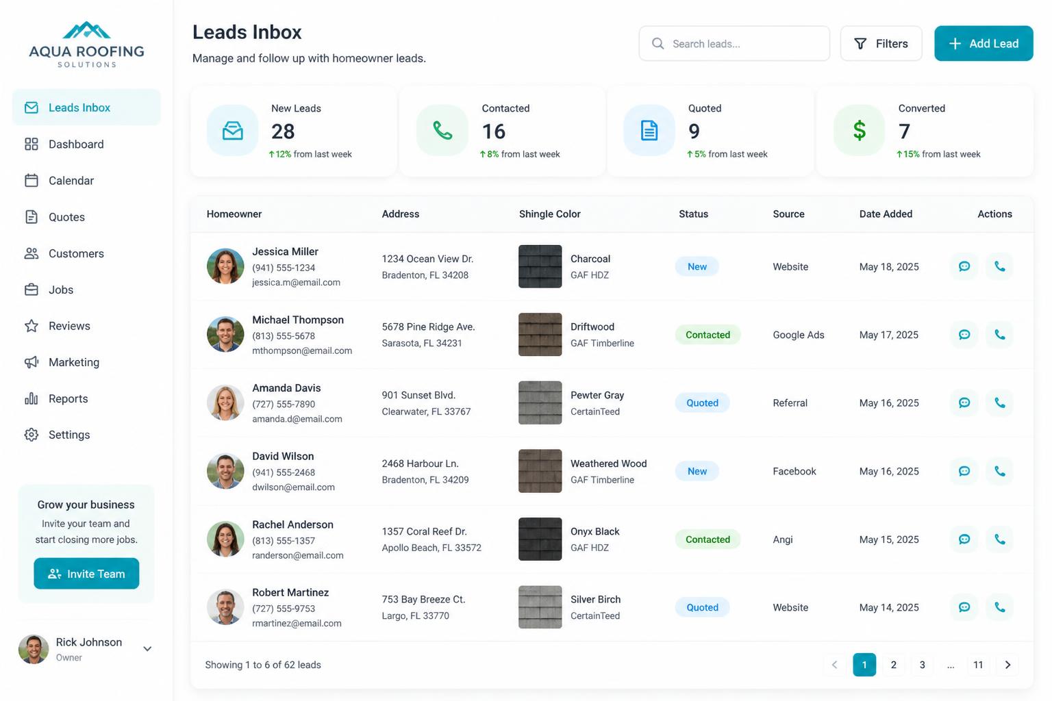 See My New Roof dashboard showing incoming homeowner leads